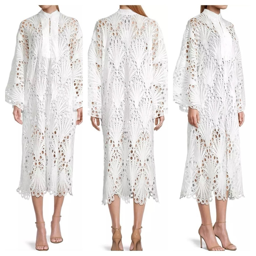 La Vie Style House Lace and Eyelet Caftan Midi-Dress White